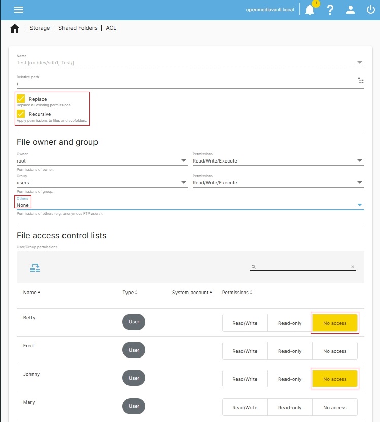 Szczegółowy dostęp prywatny w ACL OMV