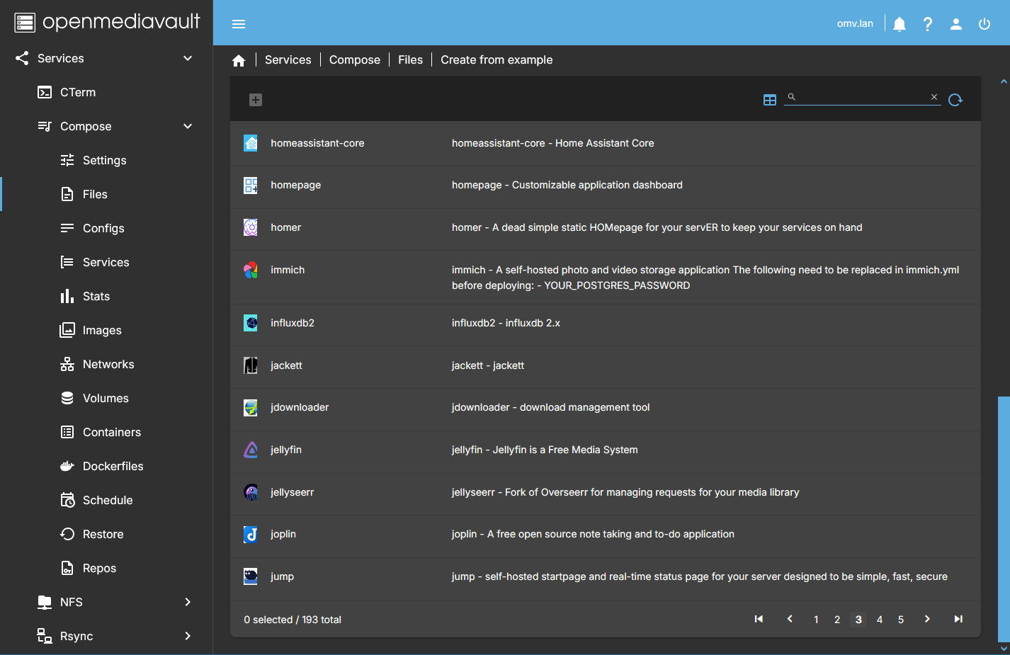 Dodawanie przykładowego pliku compose w OMV