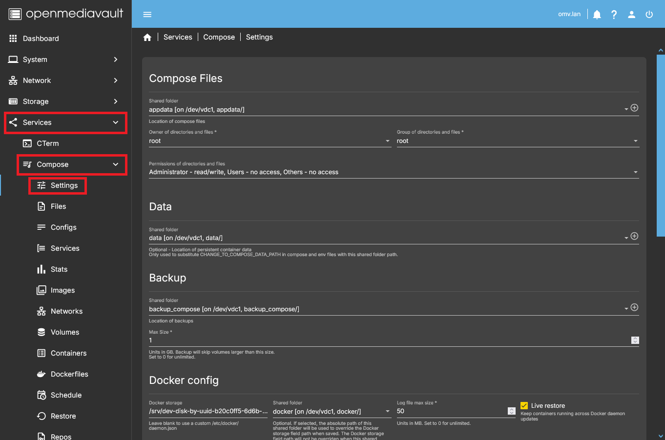 Zakładka ustawień Compose w OMV