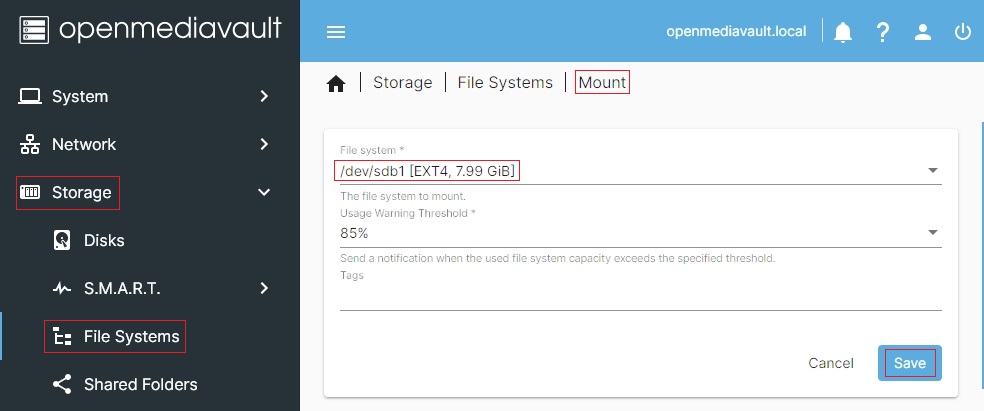 Montowanie systemu plików w OMV