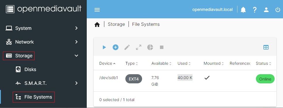 Zamontowany system plików w OMV