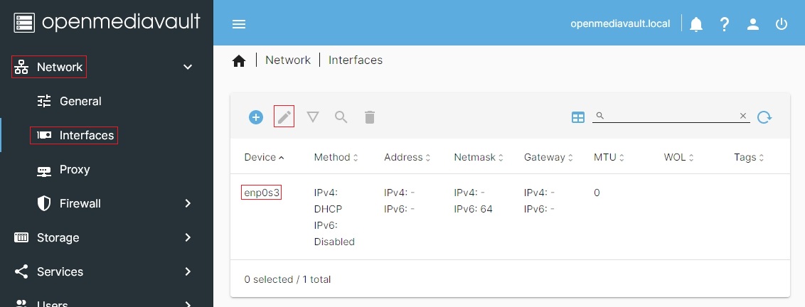 Lista interfejs&oacute;w sieciowych w OpenMediaVault