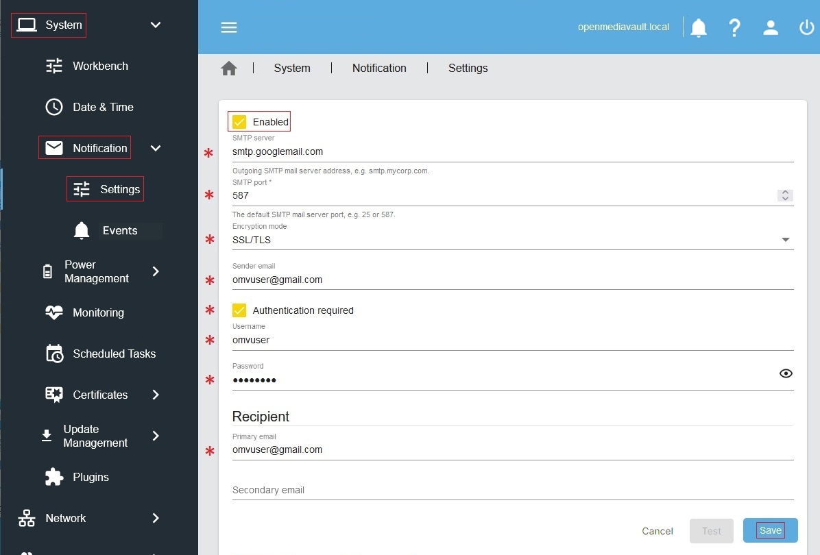 Ustawienia e-mail w OMV