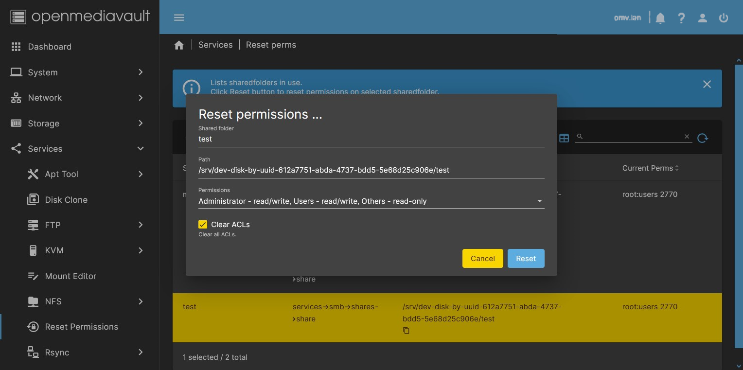 Okno Reset Permissions w OMV