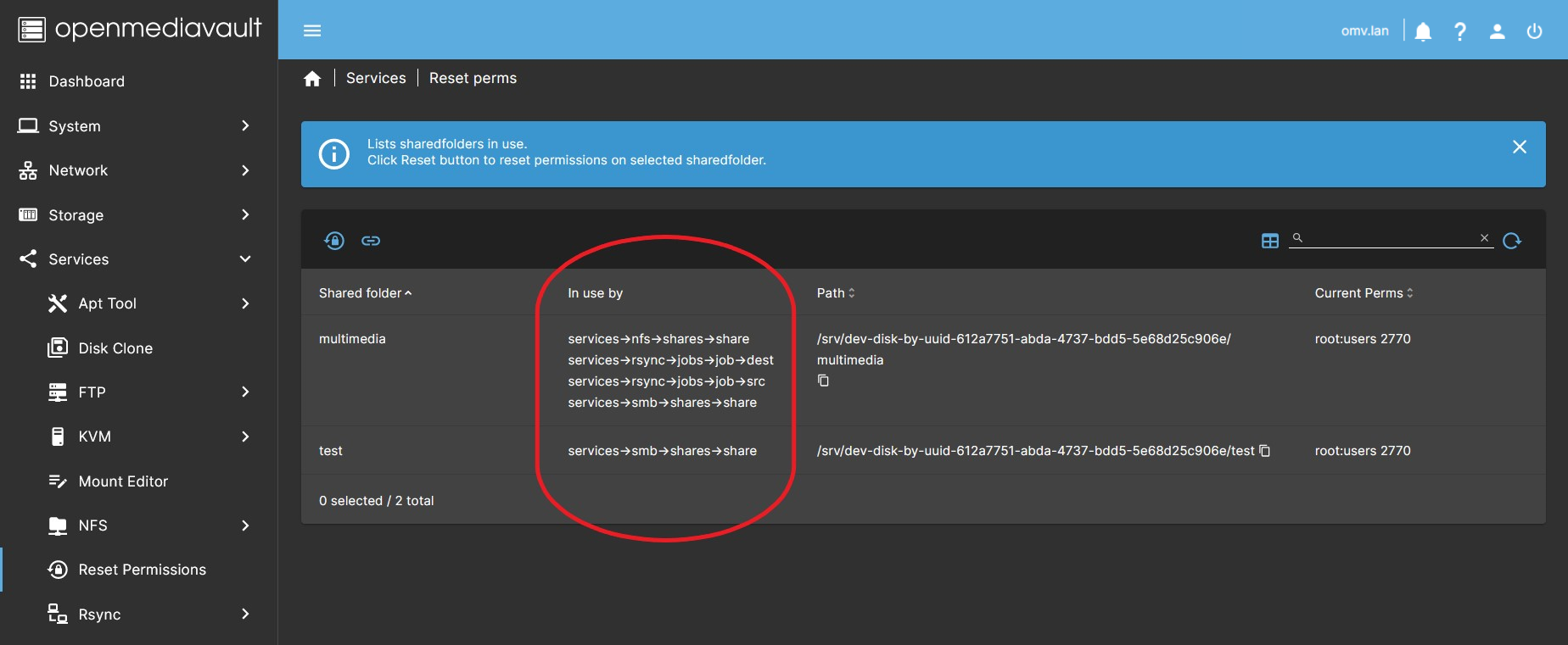 Kolumna In use by w Reset Permissions