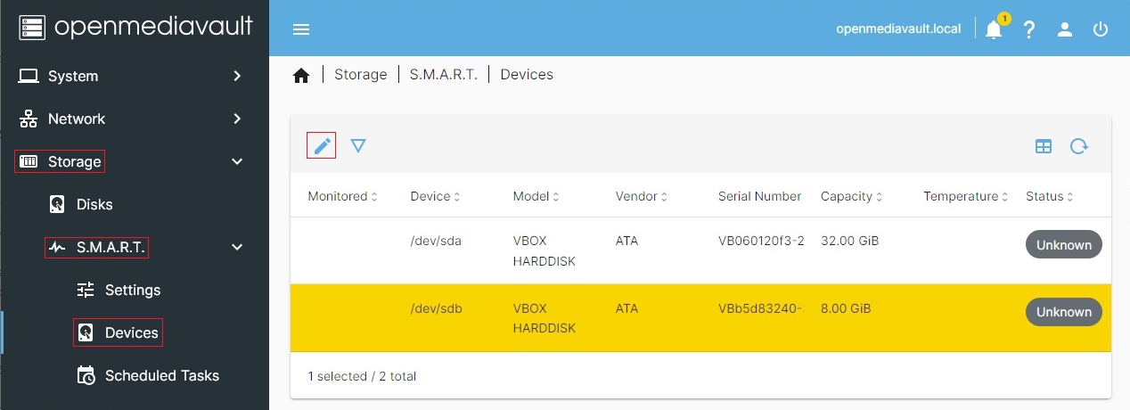Wybór urządzenia do SMART w OMV