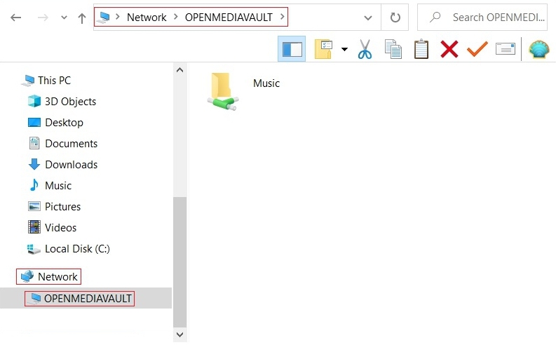 Udział OpenMediaVault otwarty w Eksploratorze plik&oacute;w Windows